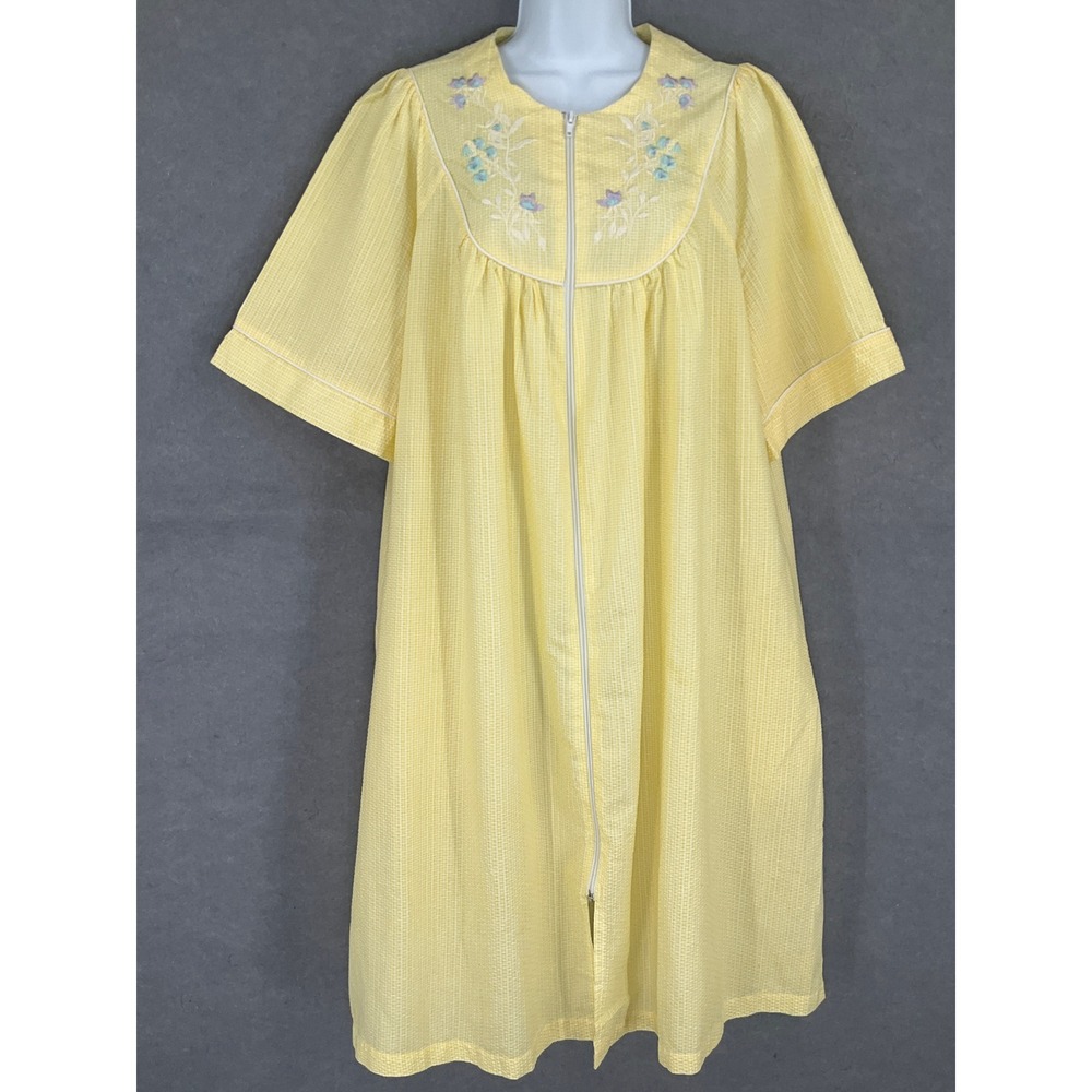 Simply Easy Yellow Embroidered Zipper Robe Duster House Dress Lounger Sz L